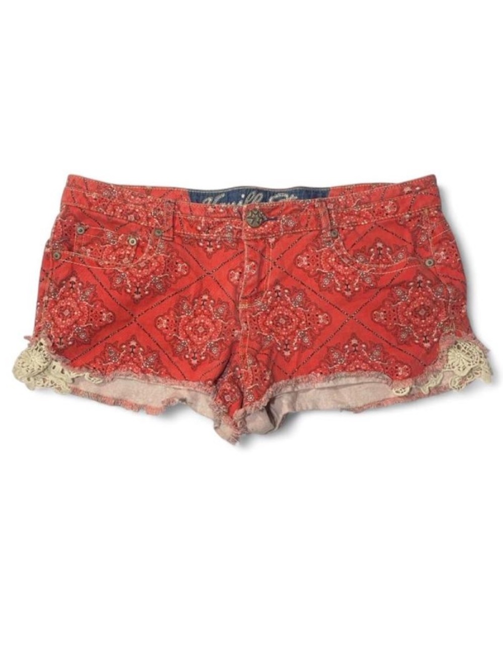 Y2K Red Bandana Paisley Crochet Lace Low Rise Micro Shorts Boho Western Size 15